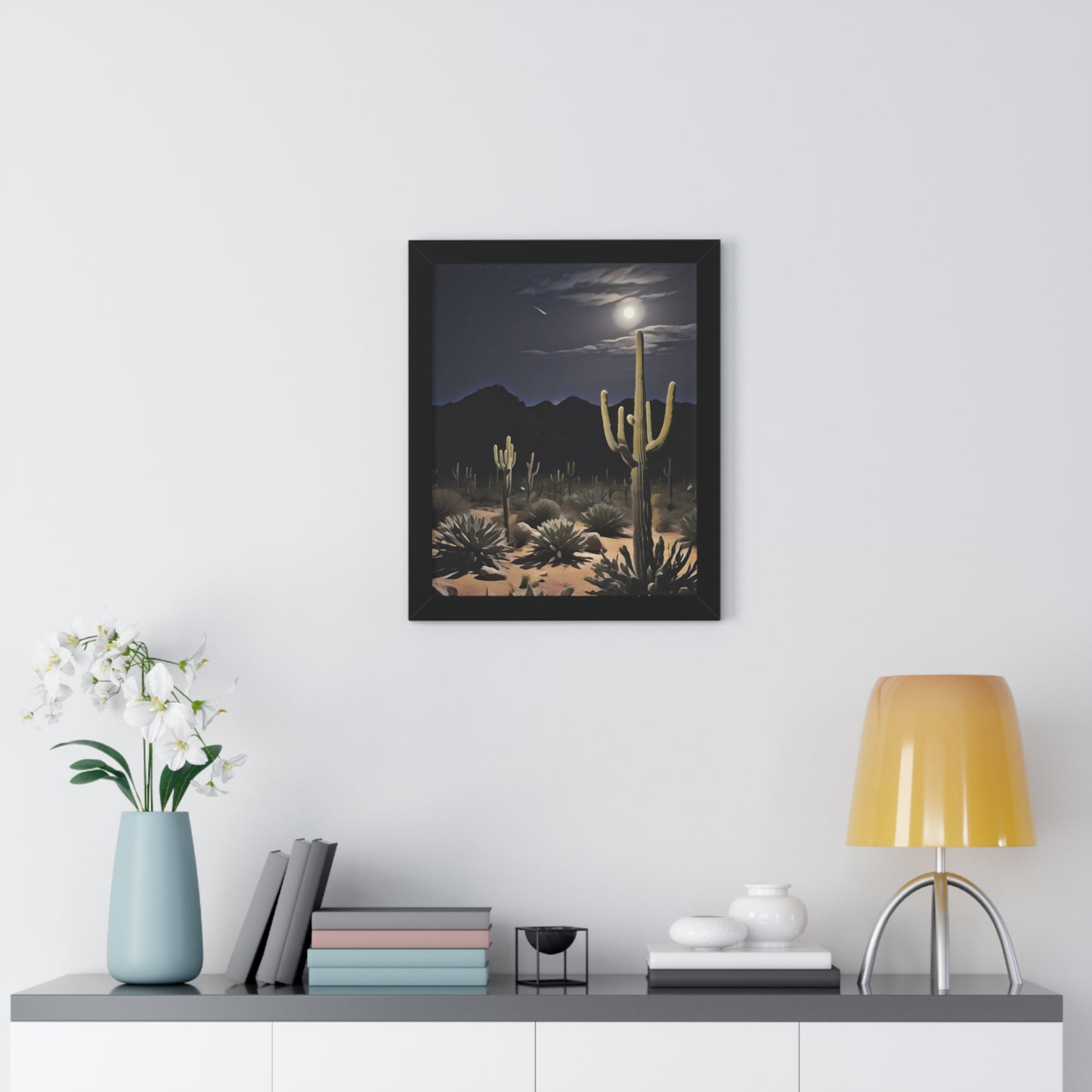 Artistic Framed Poster - Nighttime Desert Cactus Landscape, "Desert Moonrise" Chaia Malana