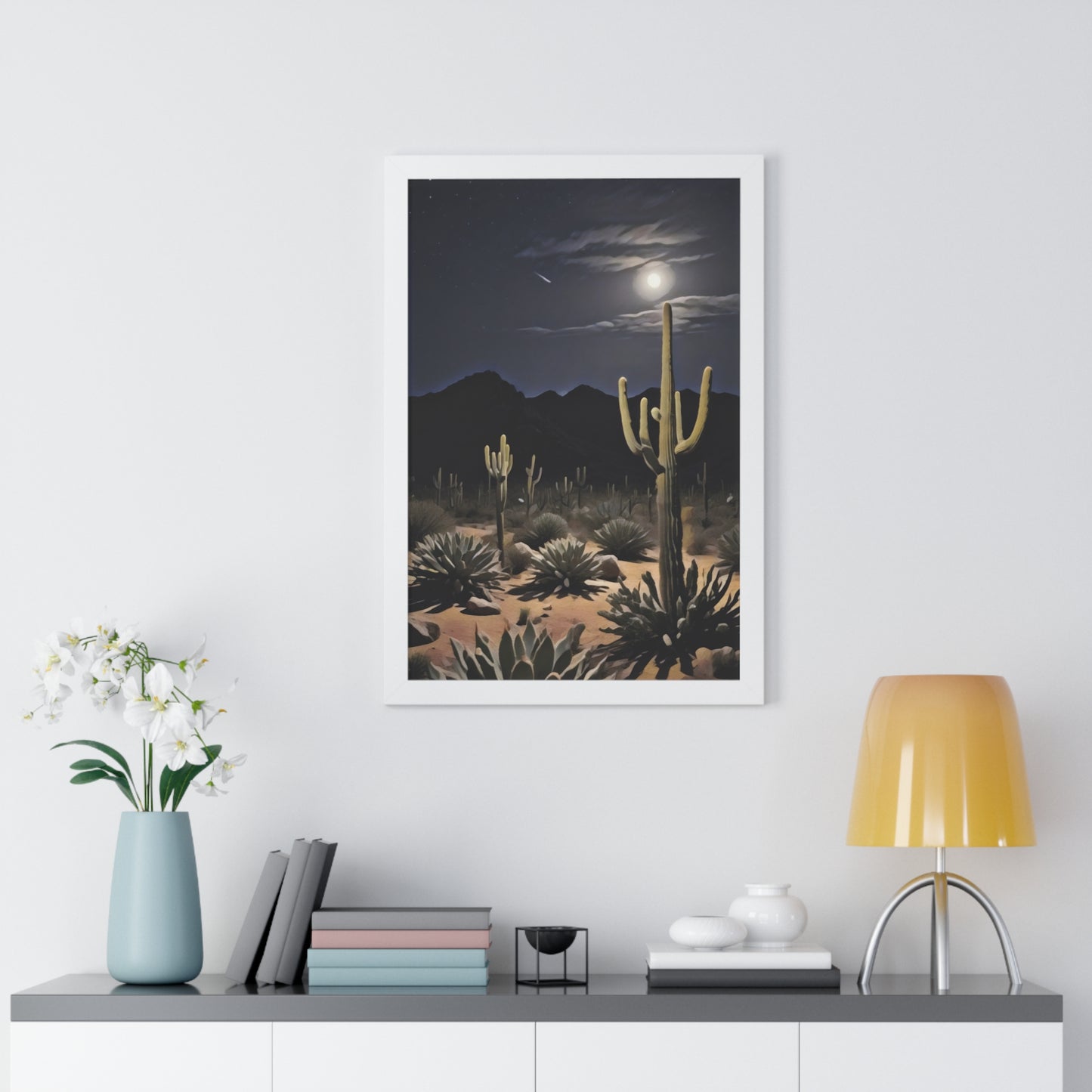 Artistic Framed Poster - Nighttime Desert Cactus Landscape, "Desert Moonrise" Chaia Malana