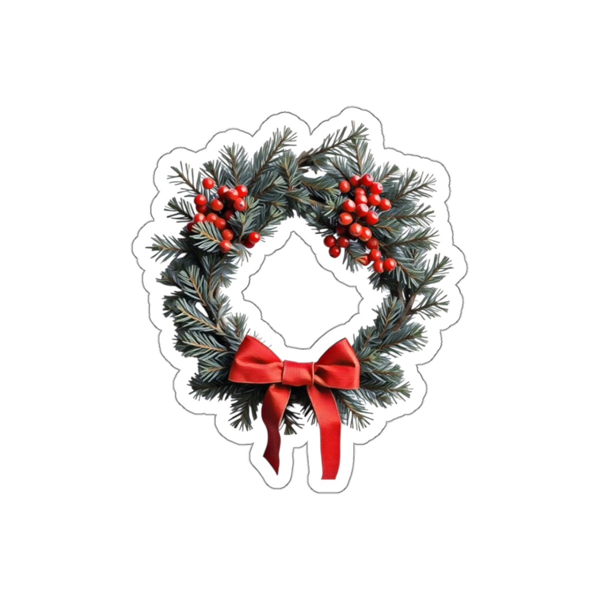 Sticker - Christmas Wreath Art Print, Pine Needle Branches, Red Berries, and Red Ribbon