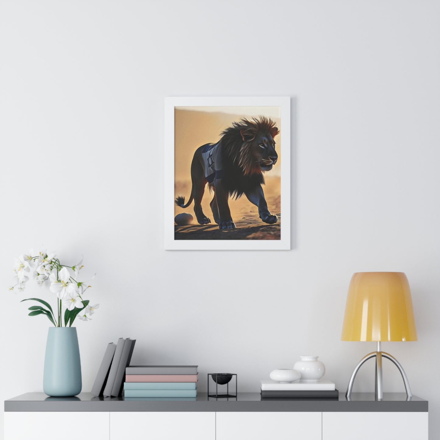 Artistic Framed Poster: Israeli Flag Lion in the Desert, "Lion of Judah: Strength of a Nation" Chaia Malana