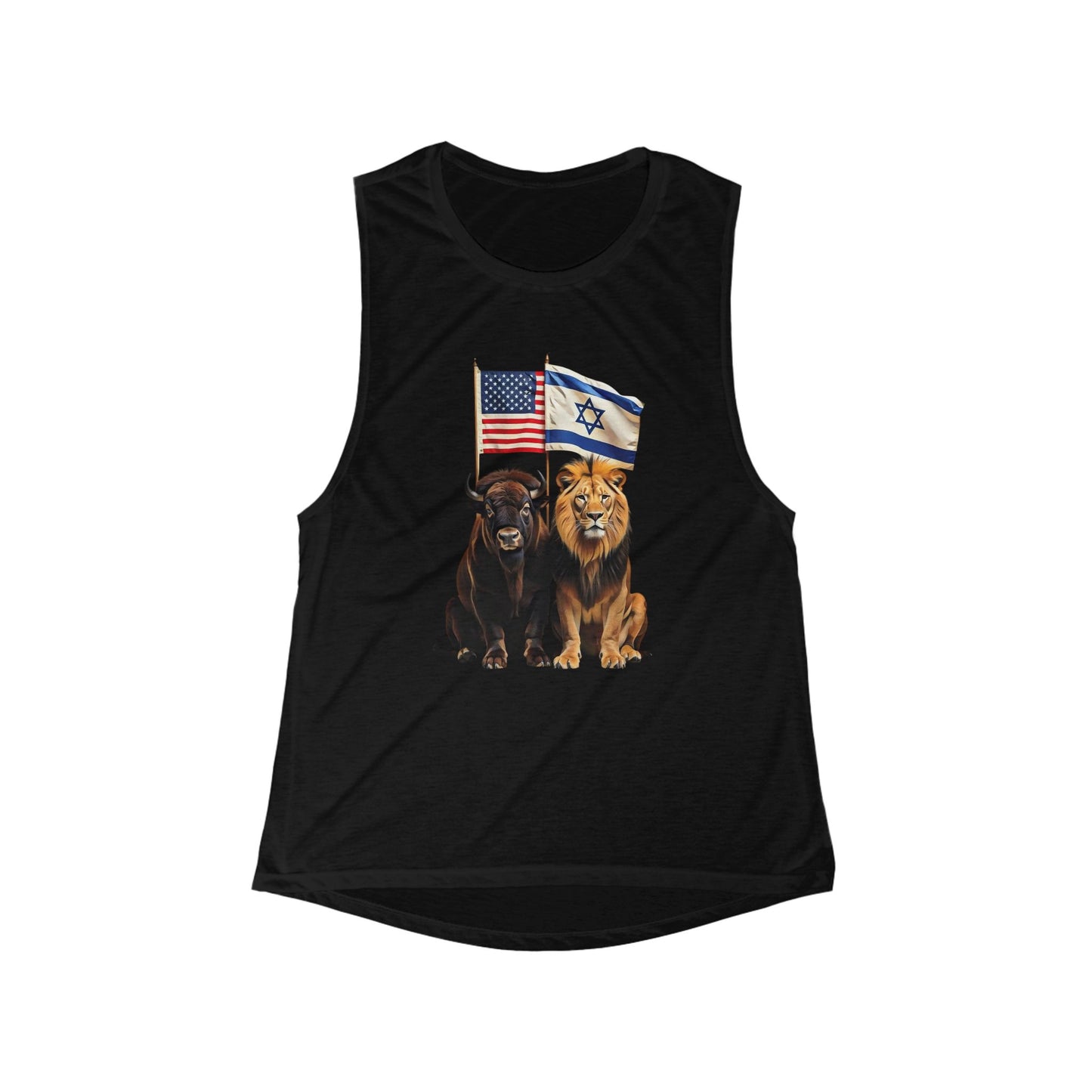 Women's Flowy Scoop Muscle Tank - Unity of Strength, Bison Lion Israel America Flags