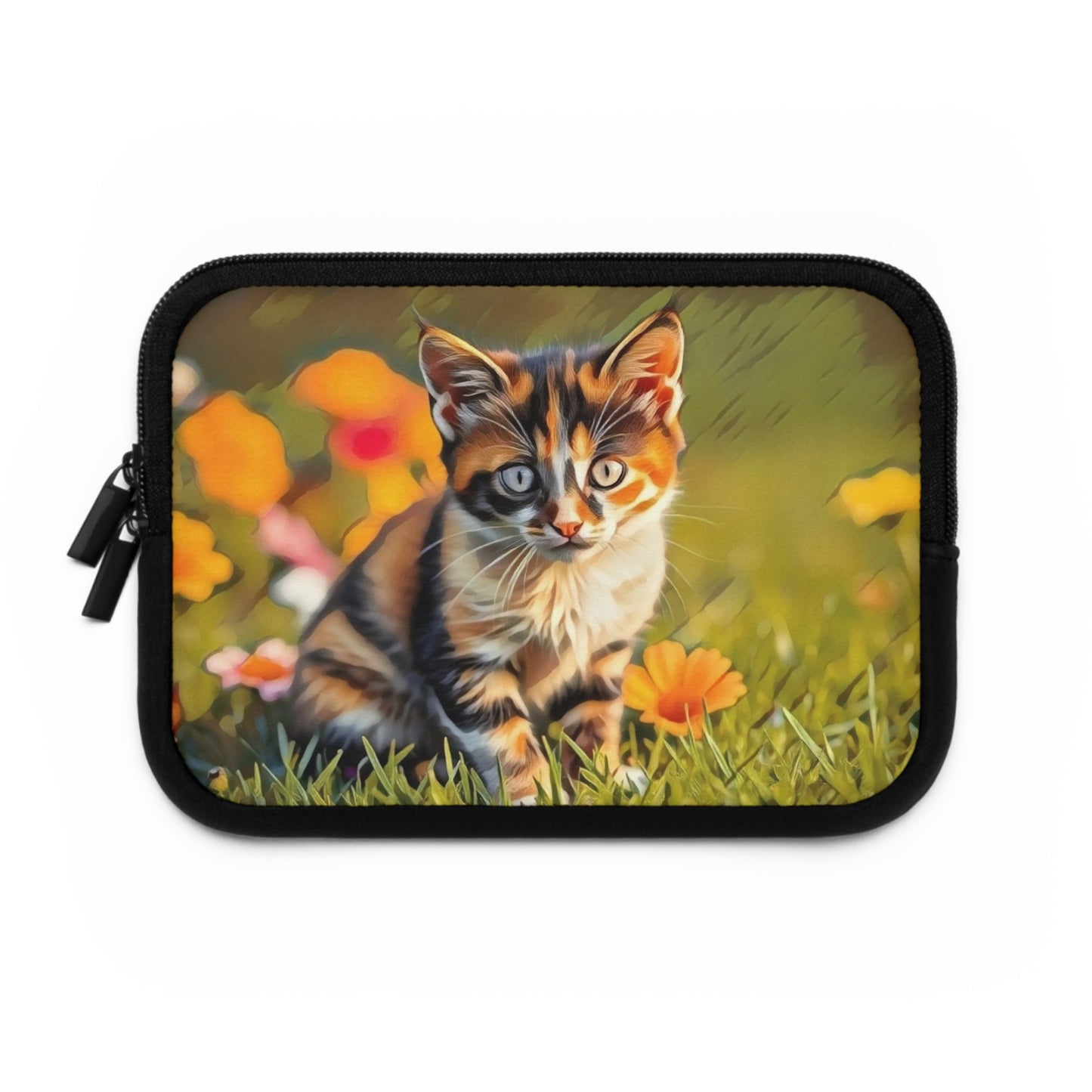 Laptop Sleeve Garden Guardian Curious Kitten Among Blossoms Chaia Malana Digital Art