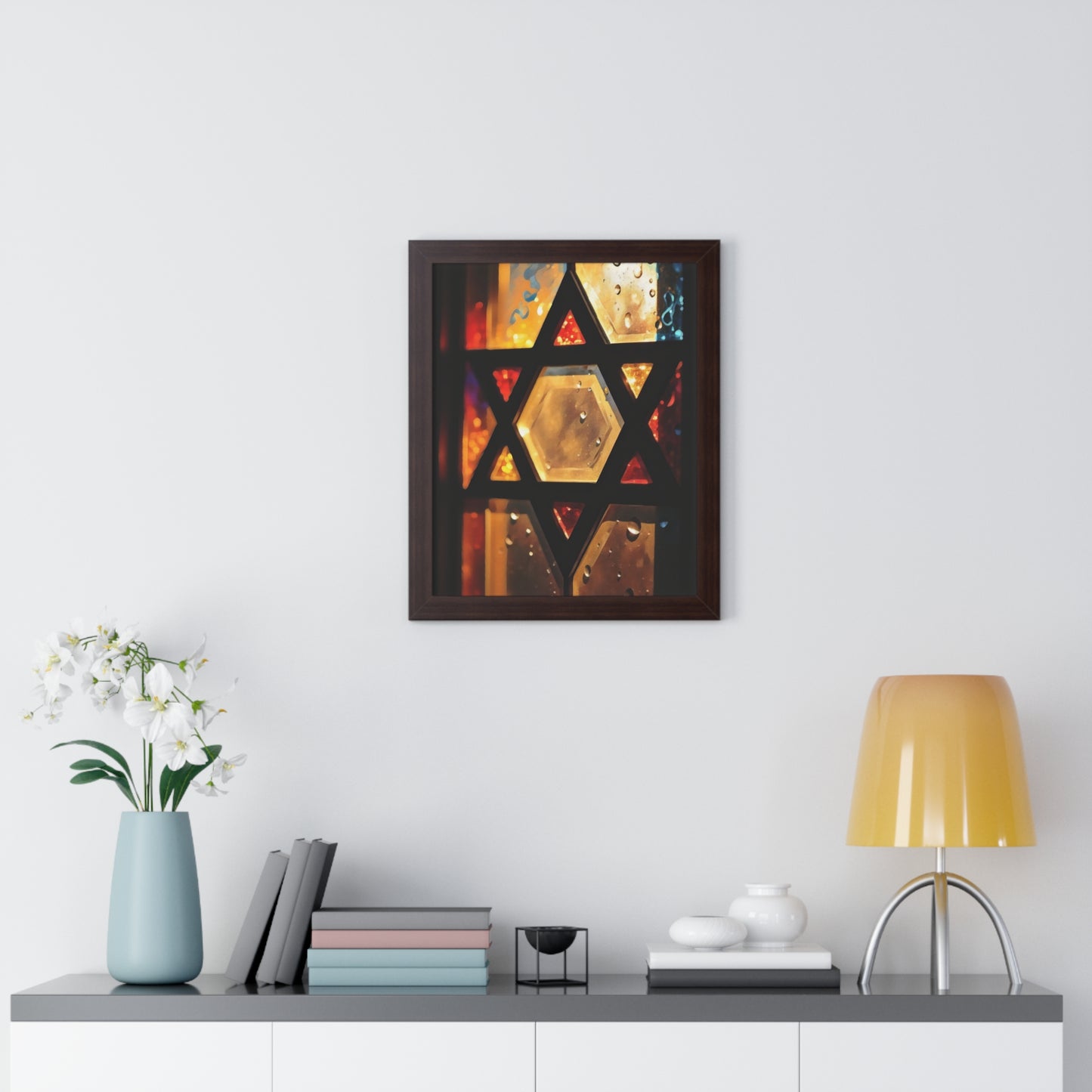 Artistic Framed Poster - Stained Glass Style Judaica Star of David Art Print "Eternal Light Star of Remembrance" Chaia Malana