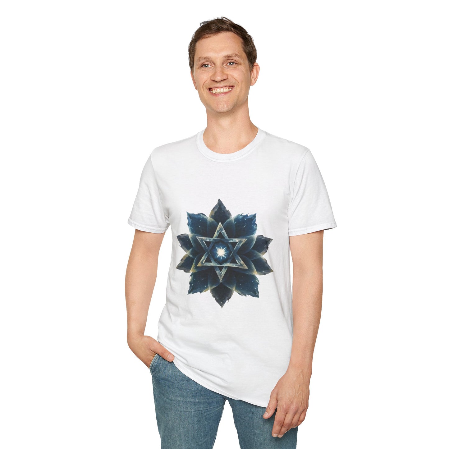 Unisex Softstyle T-Shirt - "Celestial Bloom" Star of David Cosmic Lotus Art Print