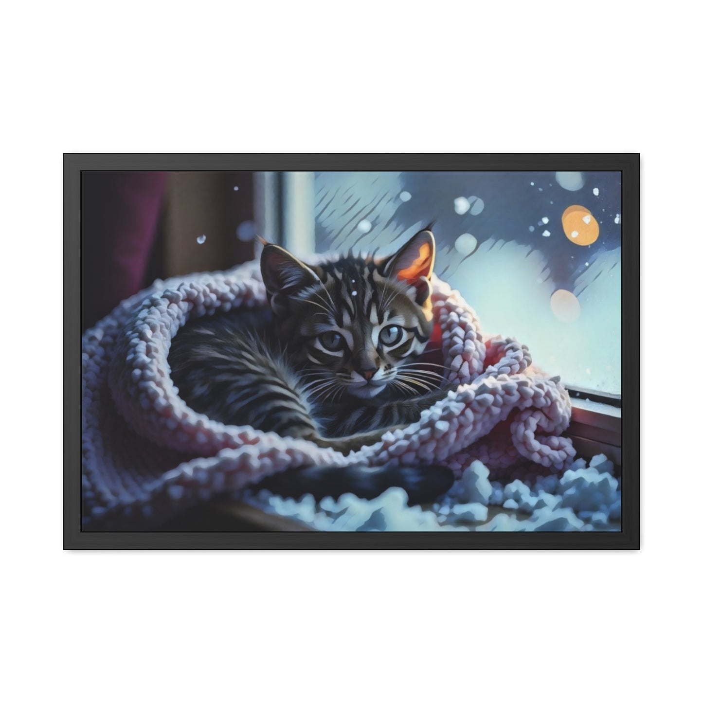 Artistic Framed Posters - Kitten in Blanket in Winter Art, "Cozy Winter Vigil" by Chaia Malana