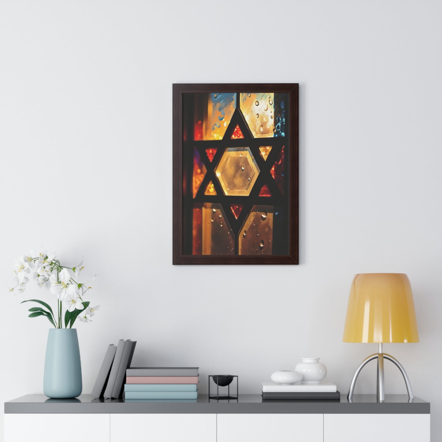 Artistic Framed Poster - Stained Glass Style Judaica Star of David Art Print "Eternal Light Star of Remembrance" Chaia Malana