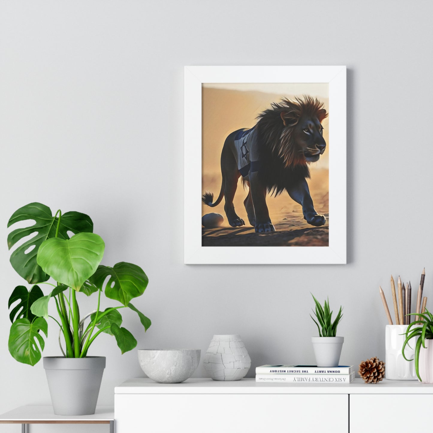 Artistic Framed Poster: Israeli Flag Lion in the Desert, "Lion of Judah: Strength of a Nation" Chaia Malana