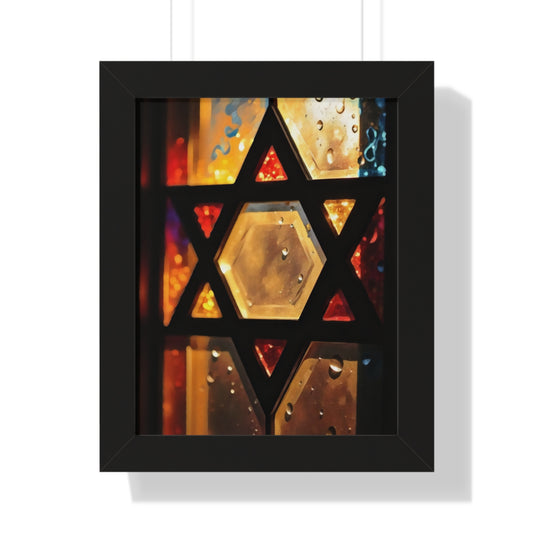 Artistic Framed Poster - Stained Glass Style Judaica Star of David Art Print "Eternal Light Star of Remembrance" Chaia Malana