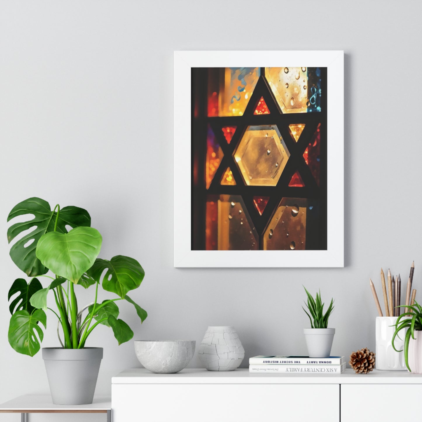 Artistic Framed Poster - Stained Glass Style Judaica Star of David Art Print "Eternal Light Star of Remembrance" Chaia Malana