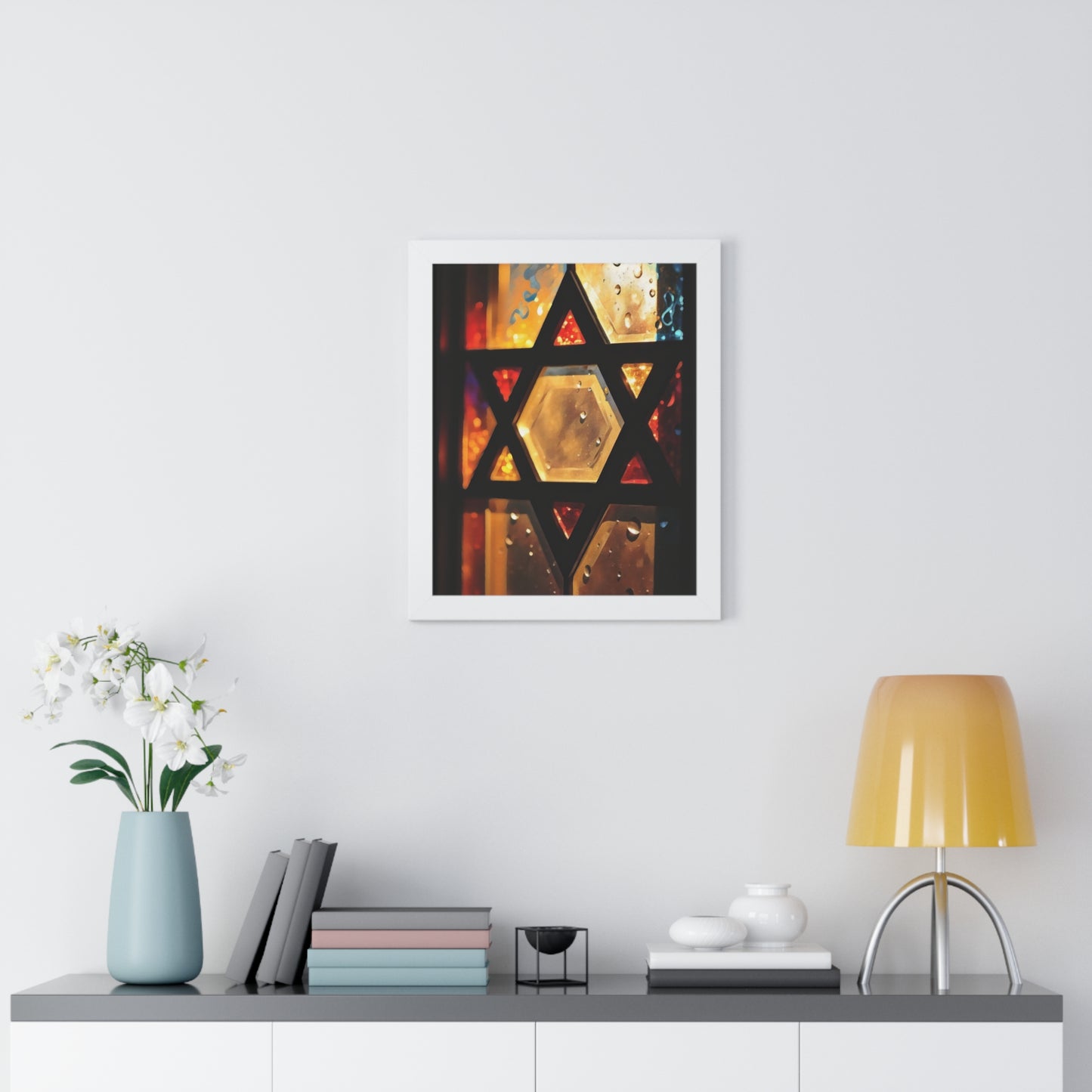 Artistic Framed Poster - Stained Glass Style Judaica Star of David Art Print "Eternal Light Star of Remembrance" Chaia Malana