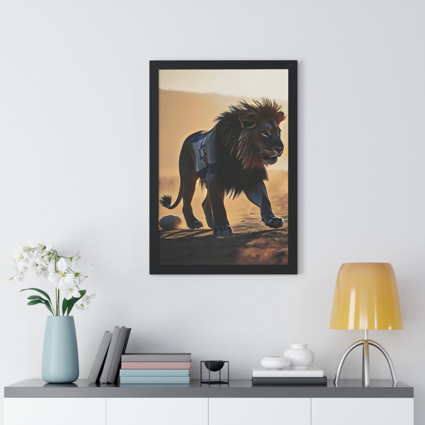 Artistic Framed Poster: Israeli Flag Lion in the Desert, "Lion of Judah: Strength of a Nation" Chaia Malana