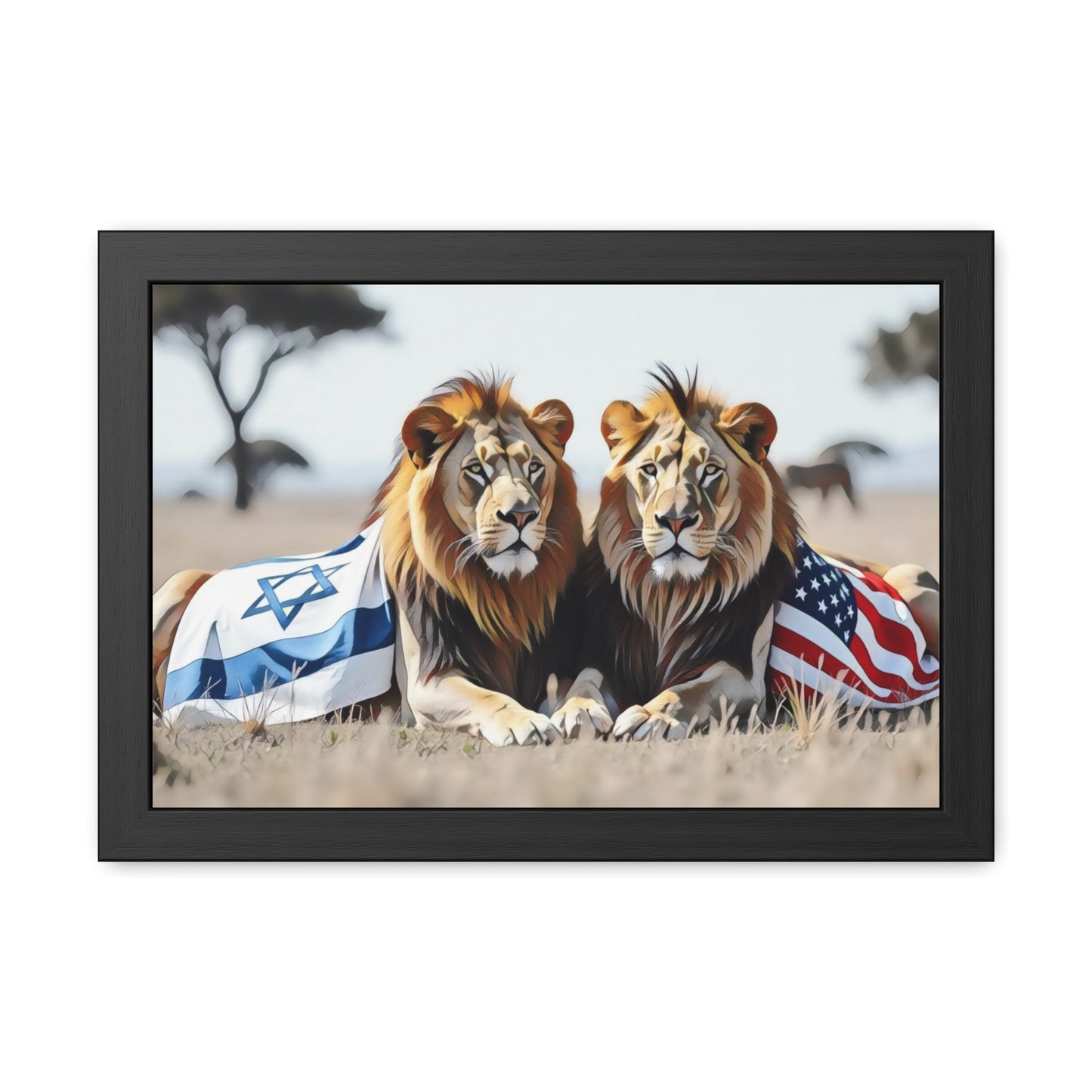 Artistic Framed Posters - America Israel Lions "Guardians of Unity: Lions of America and Israel" Chaia Malana