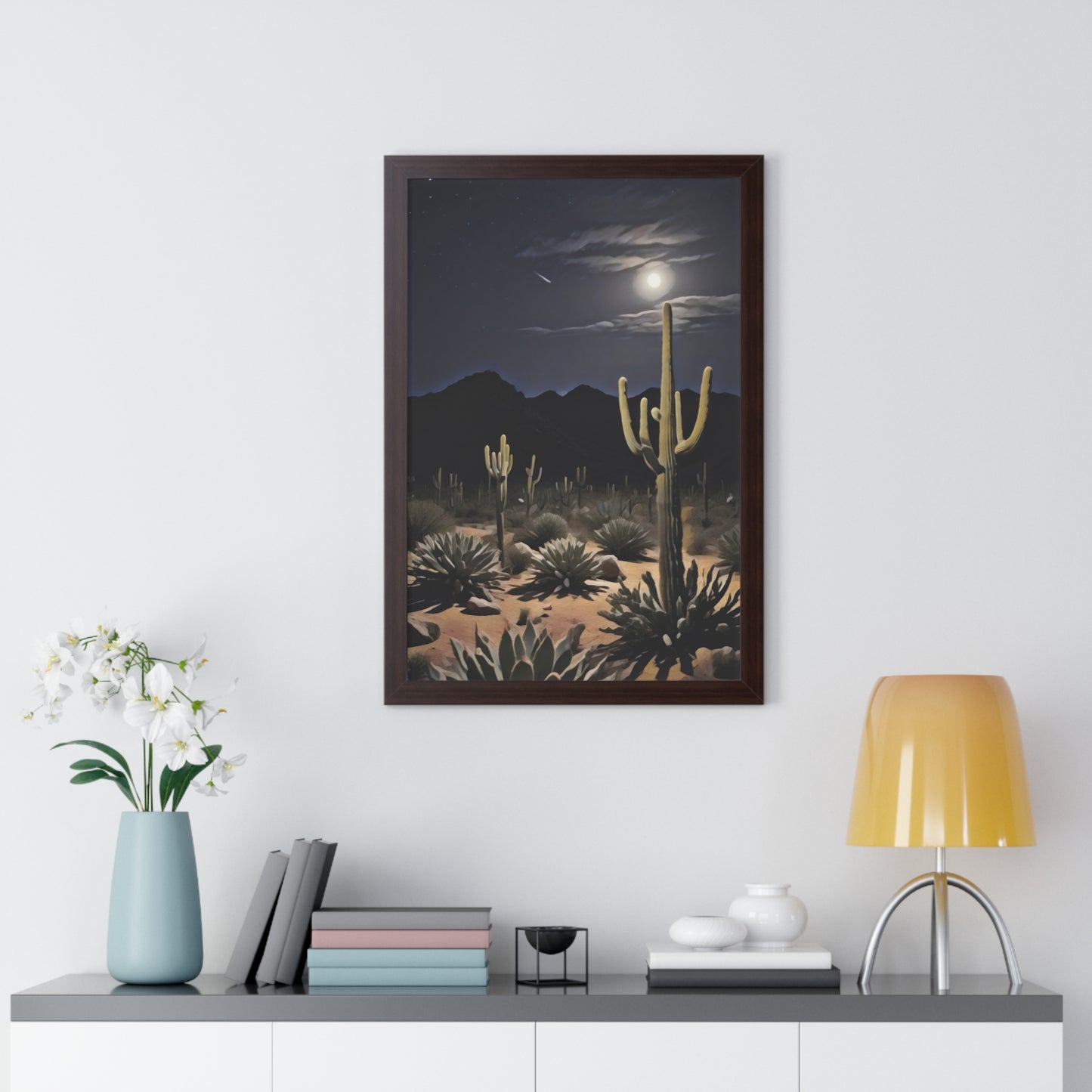 Artistic Framed Poster - Nighttime Desert Cactus Landscape, "Desert Moonrise" Chaia Malana