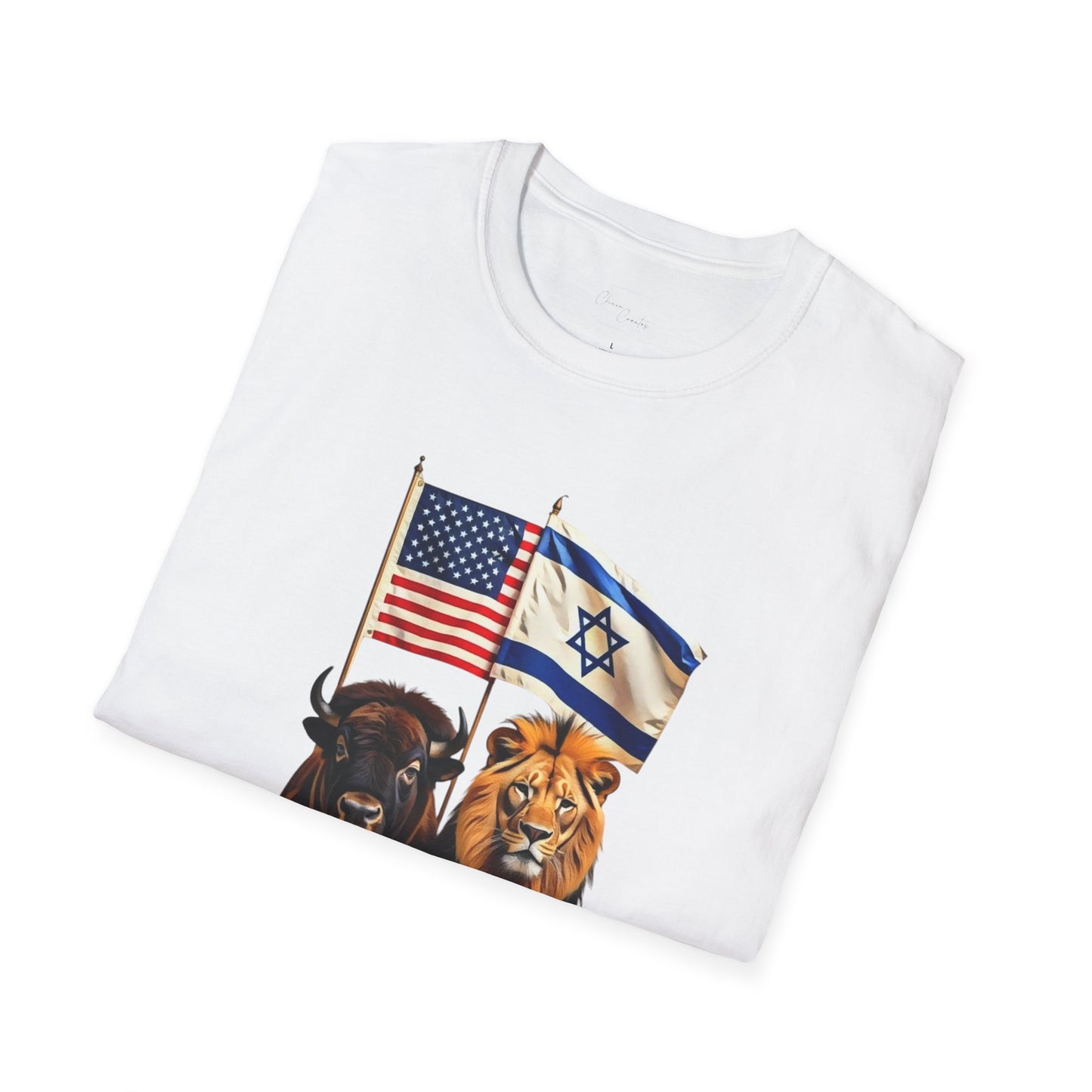 Unisex Softstyle T-Shirt - Unity of Strength, Bison Lion Israel America Flags