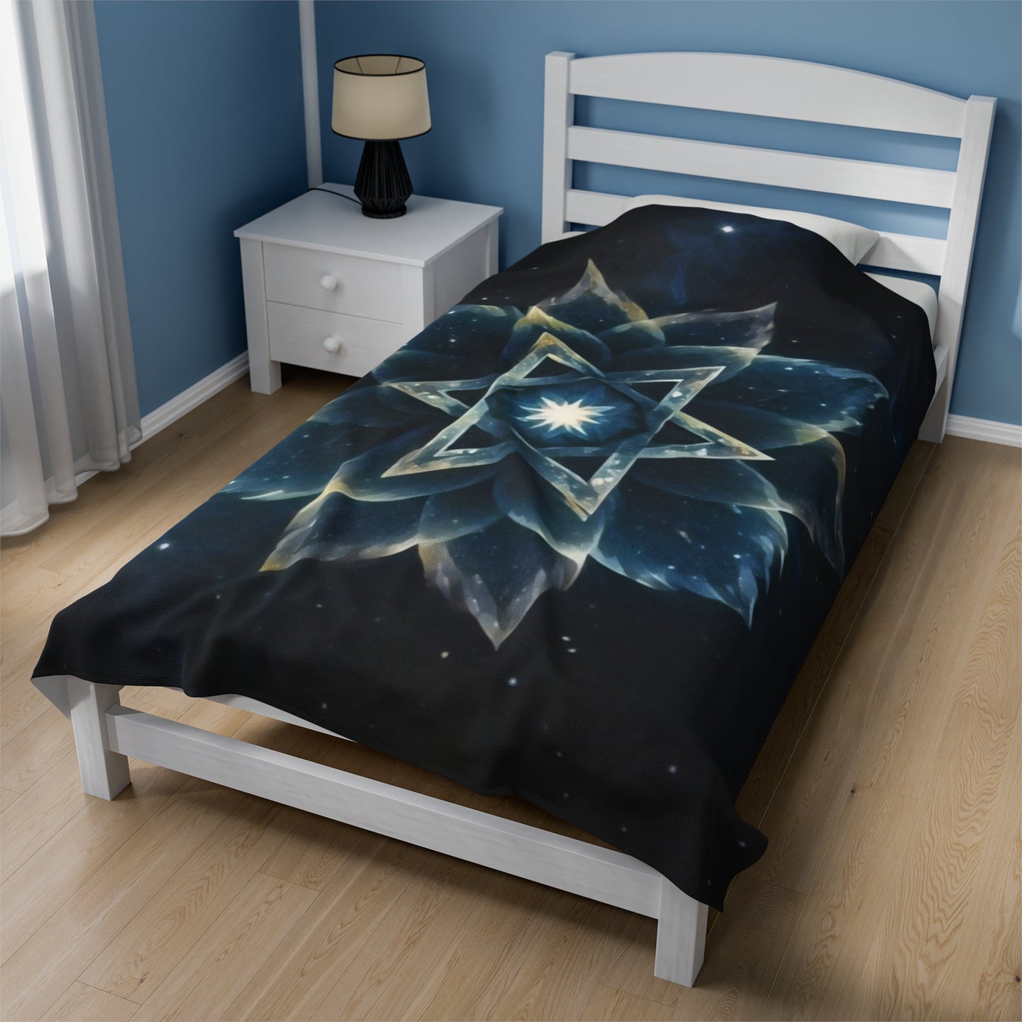 Plush Blanket - "Celestial Bloom" Cosmic Bloom Blue Lotus Galaxy Star of David Art Print