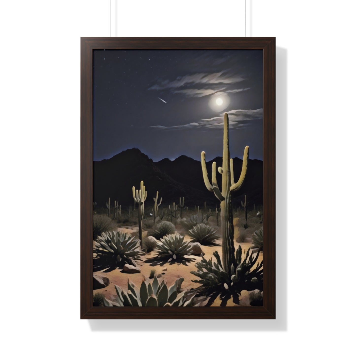 Artistic Framed Poster - Nighttime Desert Cactus Landscape, "Desert Moonrise" Chaia Malana