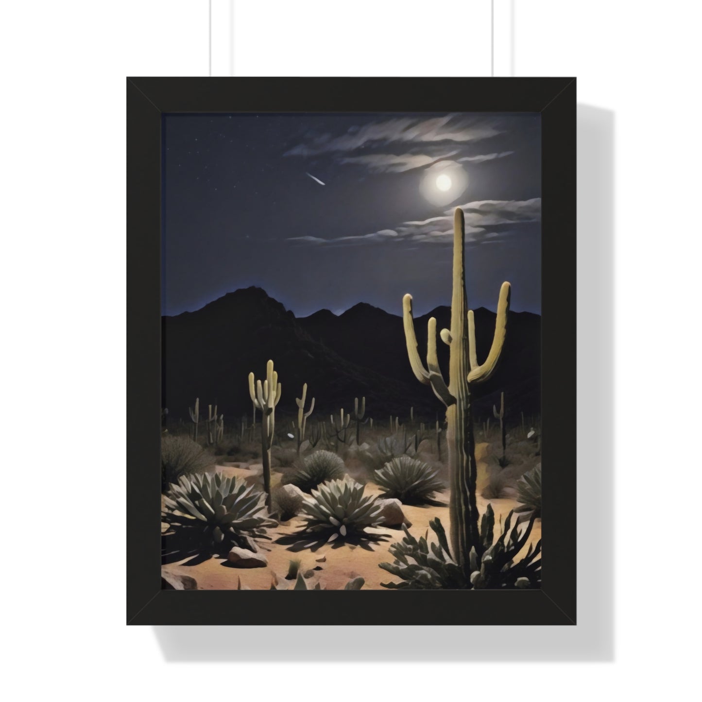 Artistic Framed Poster - Nighttime Desert Cactus Landscape, "Desert Moonrise" Chaia Malana