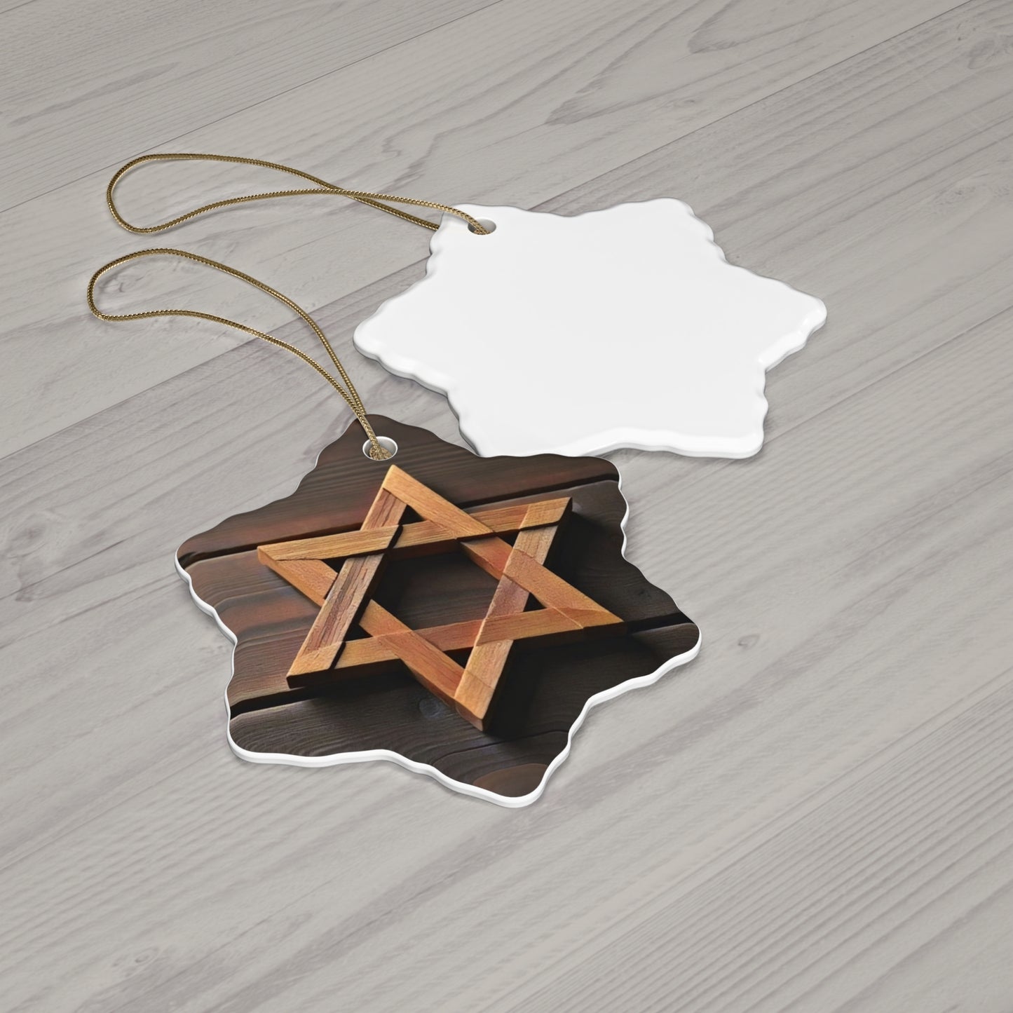 Ceramic Ornament - Jewish Star of David Wooden Magen David, Wood Planks Background