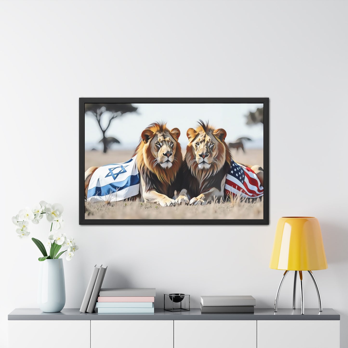 Artistic Framed Posters - America Israel Lions "Guardians of Unity: Lions of America and Israel" Chaia Malana