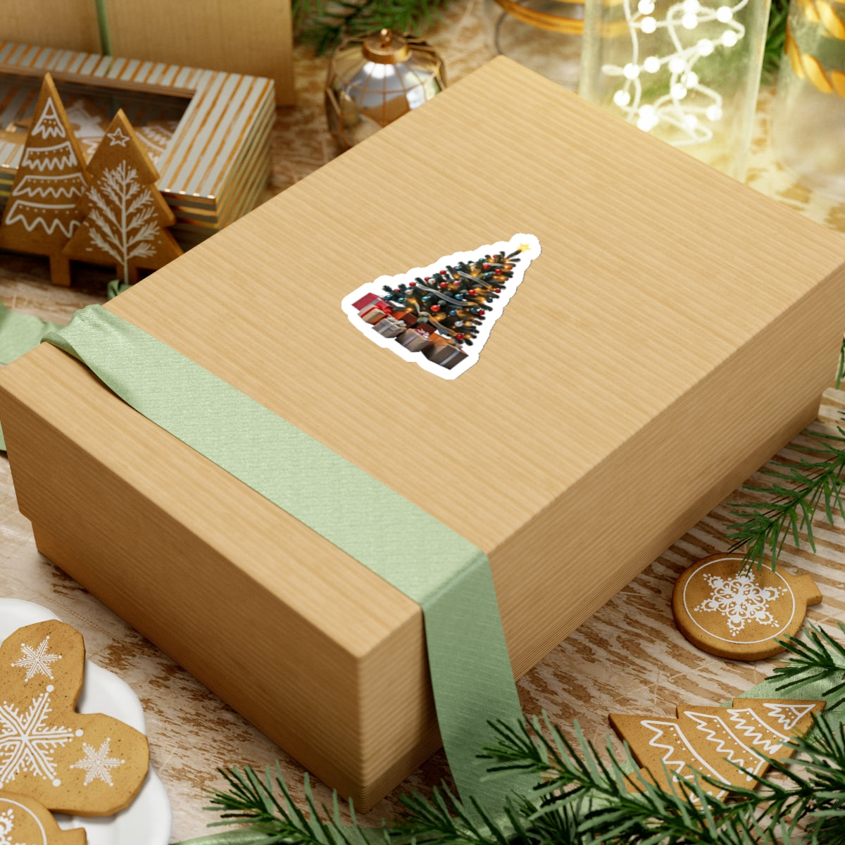 Sticker - Festive Decorated Christmas Tree with Presents Art Print