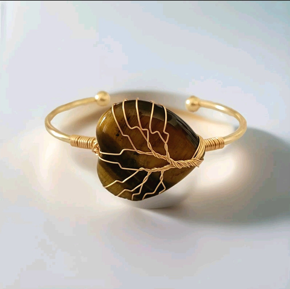 Tree of Life Wire Wrapped Tiger's Eye Heart Bangle Bracelet