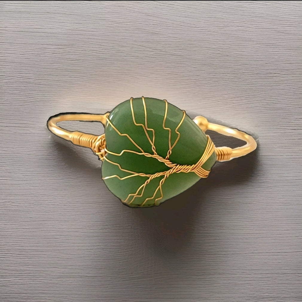 Green Aventurine Heart Tree of Life Wire Wrapped Golden Bangle Bracelet