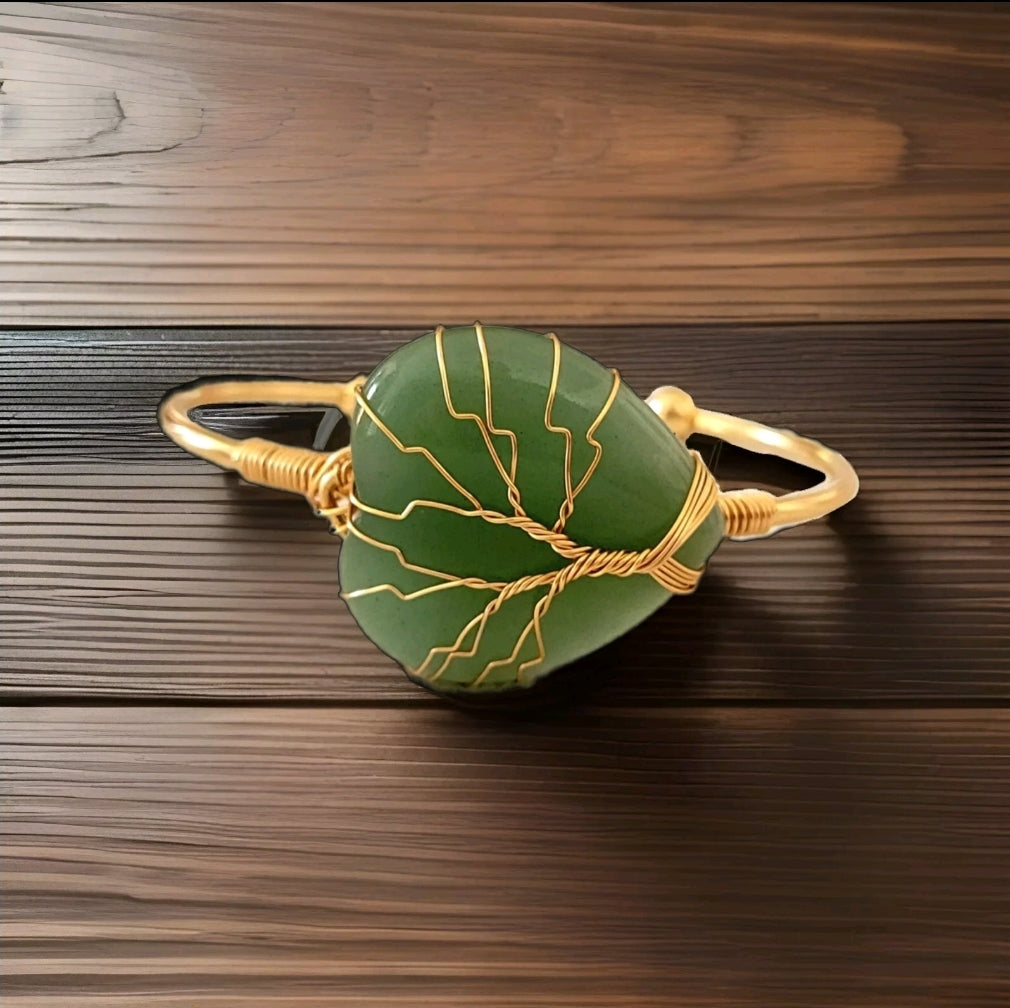 Green Aventurine Heart Tree of Life Wire Wrapped Golden Bangle Bracelet