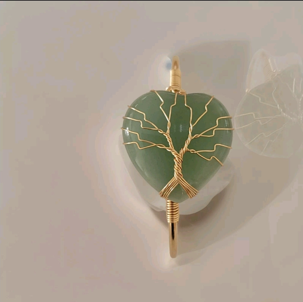 Green Aventurine Heart Tree of Life Wire Wrapped Golden Bangle Bracelet