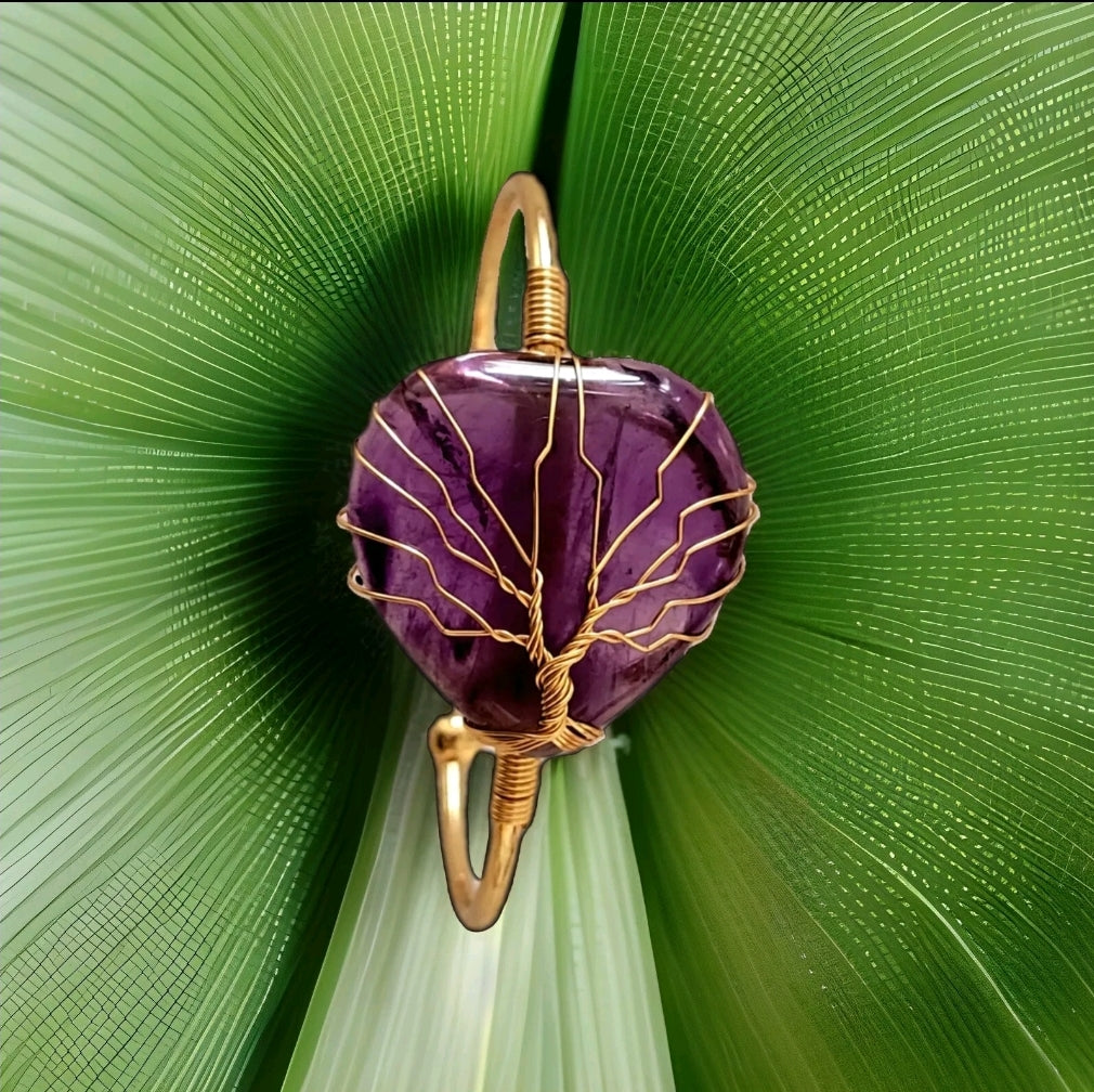 Tree of Life Wire Wrapped Amethyst Heart Bangle Bracelet