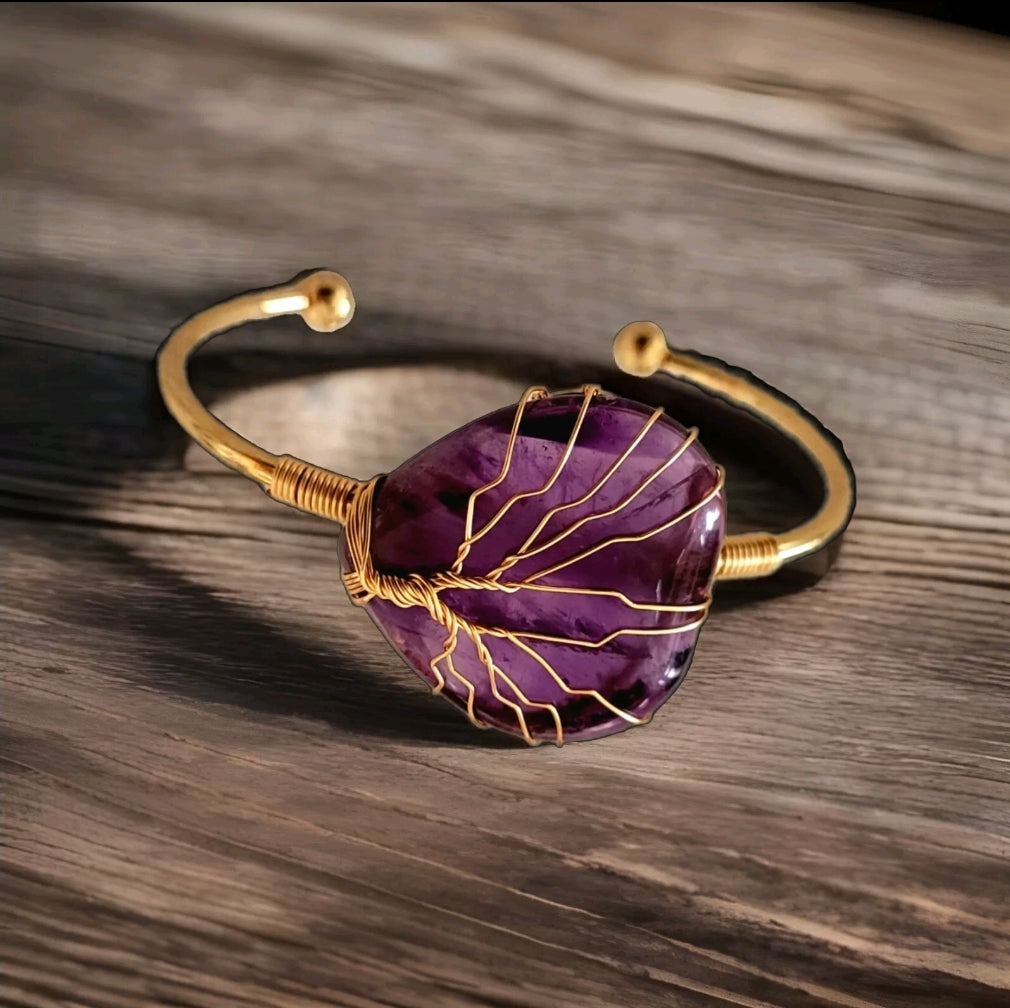 Tree of Life Wire Wrapped Amethyst Heart Bangle Bracelet