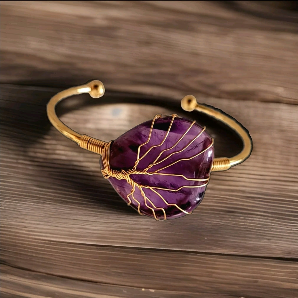 Tree of Life Wire Wrapped Amethyst Heart Bangle Bracelet