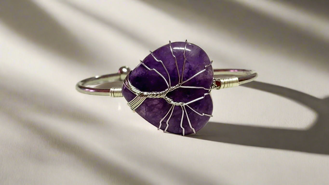 Tree of Life Wire Wrapped Amethyst Heart Bangle Bracelet