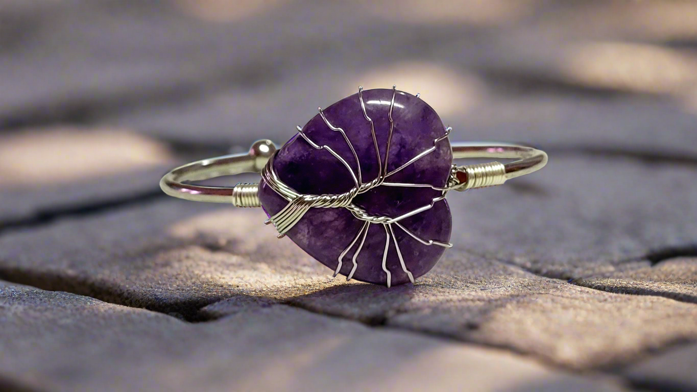 Tree of Life Wire Wrapped Amethyst Heart Bangle Bracelet