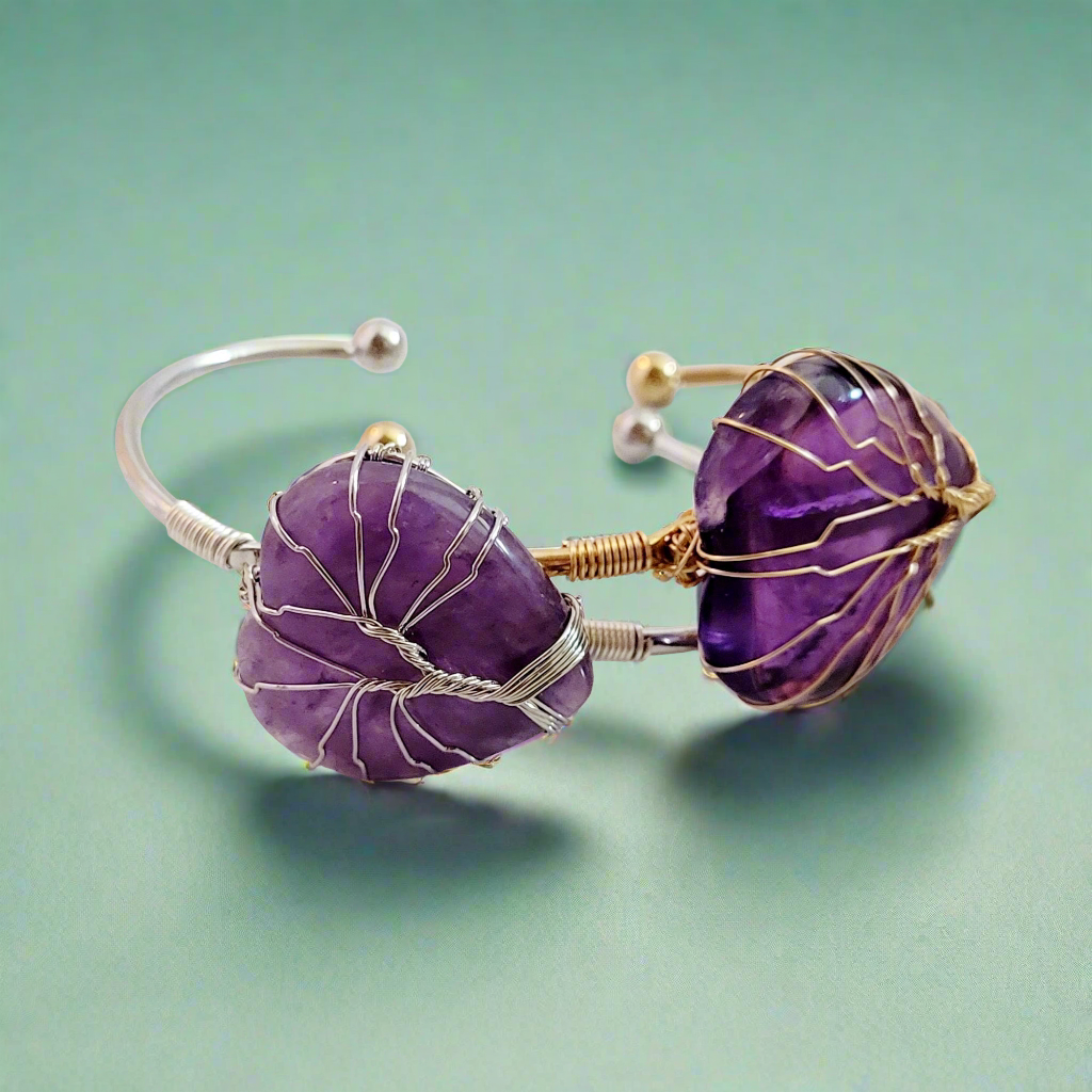 Silver and Gold Tree of Life Wire Wrapped Amethyst Heart Bangle Bracelets