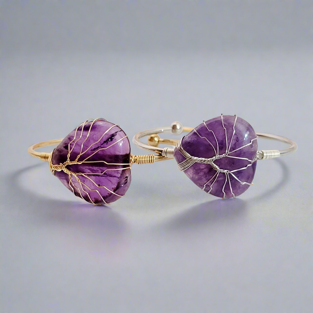 Silver and Gold Tree of Life Wire Wrapped Amethyst Heart Bangle Bracelets