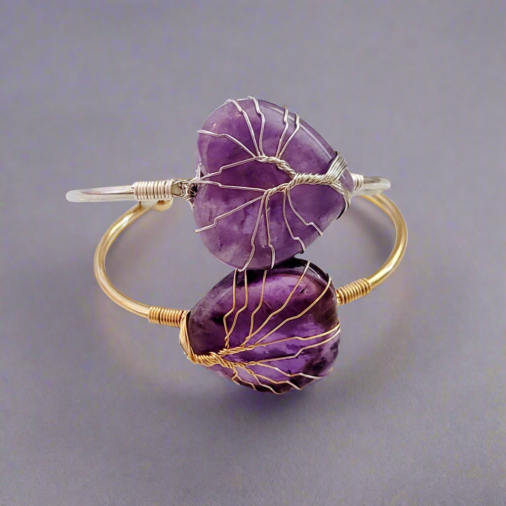 Silver and Gold Tree of Life Wire Wrapped Amethyst Heart Bangle Bracelets