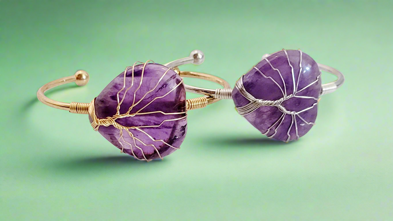 Silver and Gold Tree of Life Wire Wrapped Amethyst Heart Bangle Bracelets