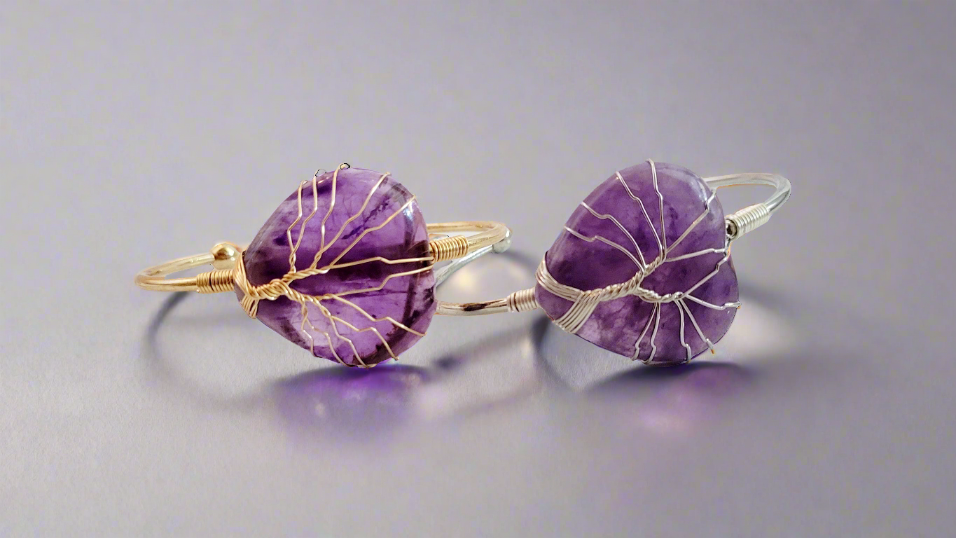 Silver and Gold Tree of Life Wire Wrapped Amethyst Heart Bangle Bracelets