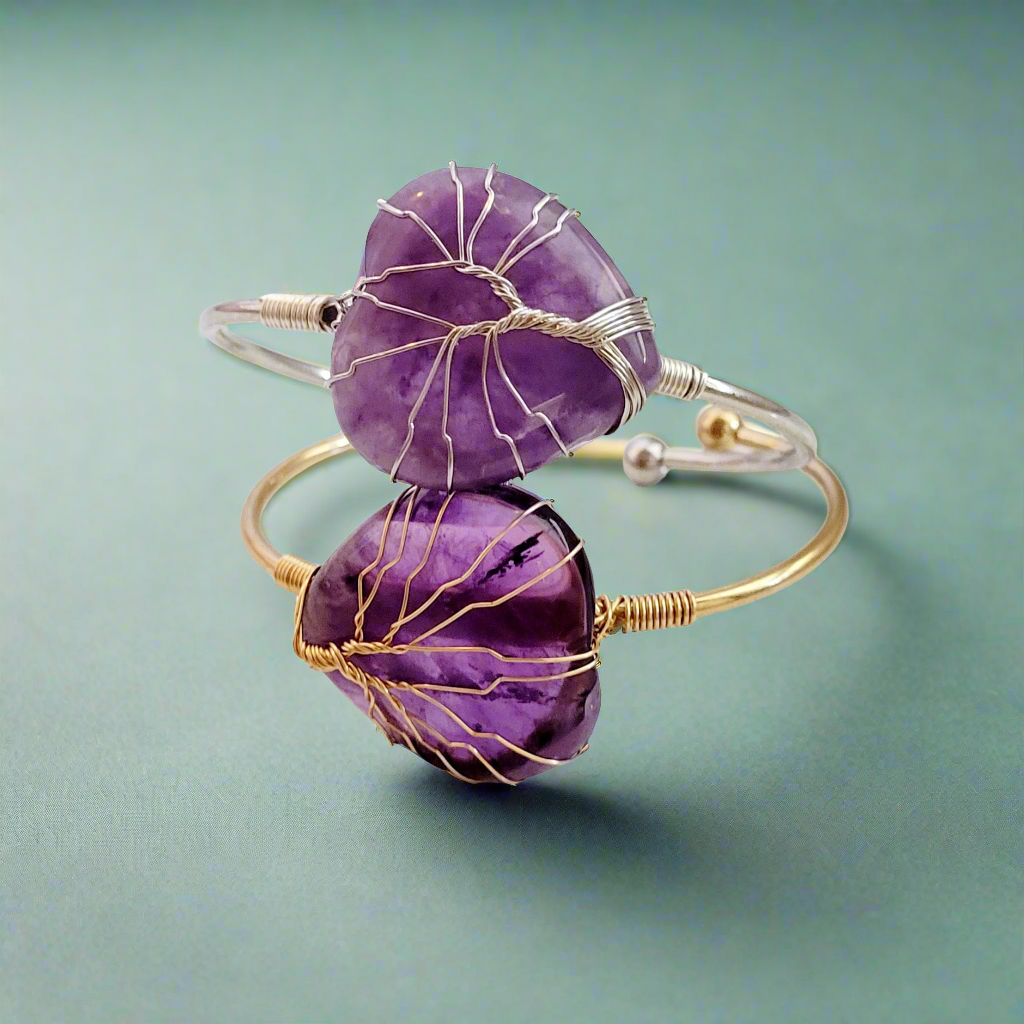 Silver and Gold Tree of Life Wire Wrapped Amethyst Heart Bangle Bracelets