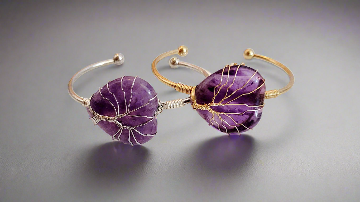 Silver and Gold Tree of Life Wire Wrapped Amethyst Heart Bangle Bracelets