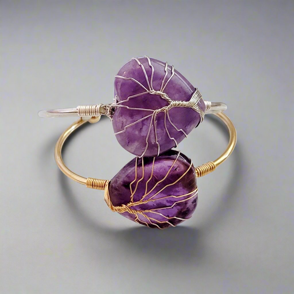 Silver and Gold Tree of Life Wire Wrapped Amethyst Heart Bangle Bracelets