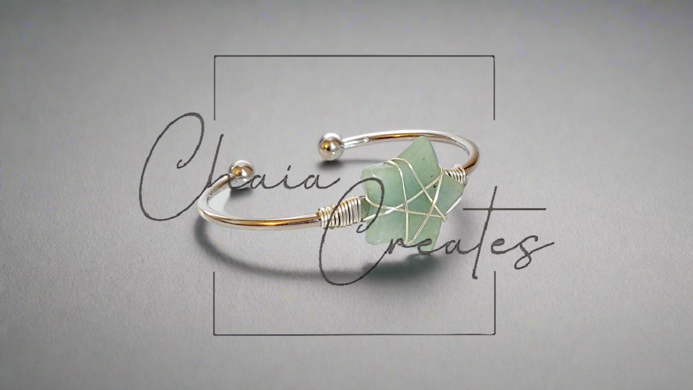 Wire Wrapped Green Aventurine Stone Star Silver Bangle Bracelet