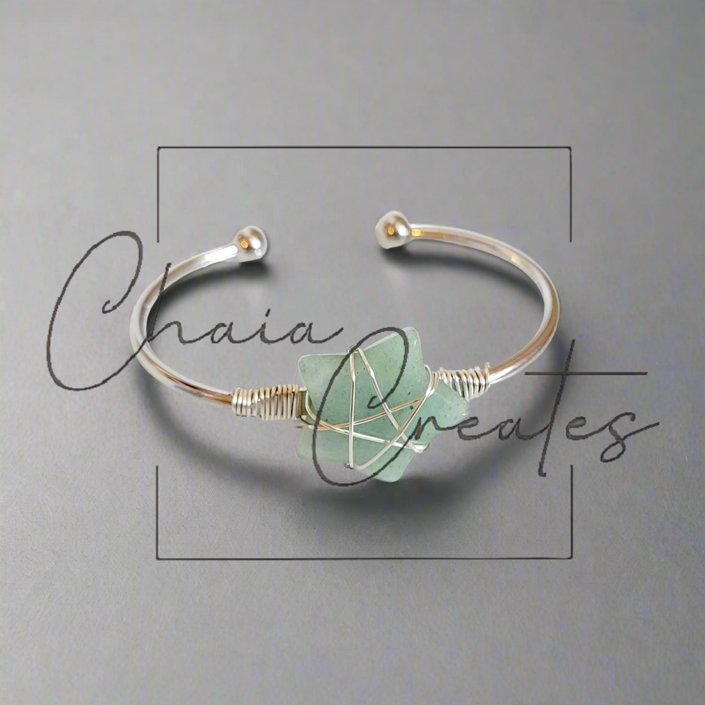 Wire Wrapped Green Aventurine Stone Star Silver Bangle Bracelet