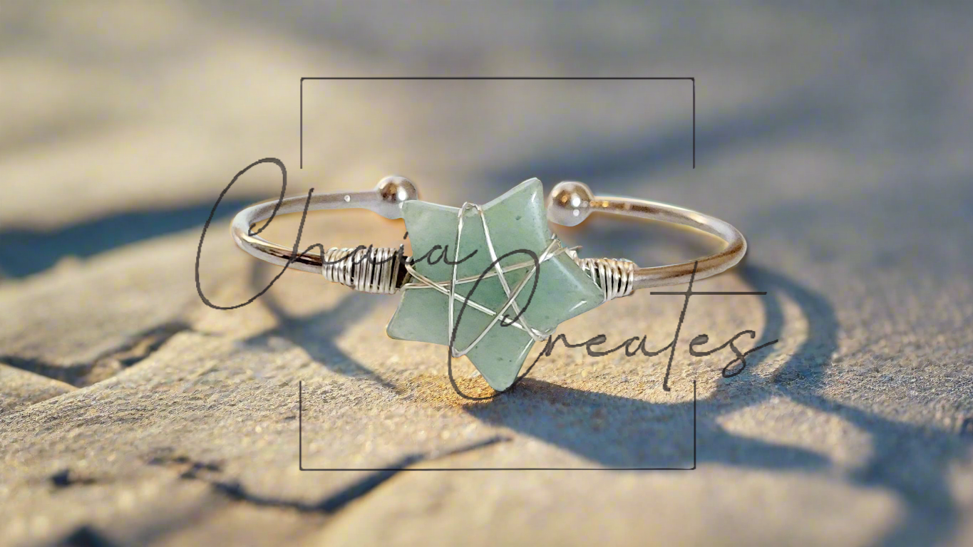 Wire Wrapped Green Aventurine Stone Star Silver Bangle Bracelet