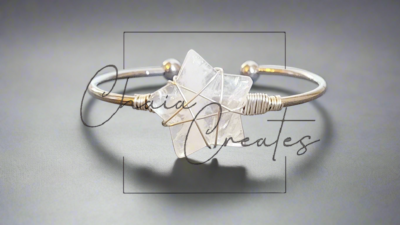 Wire Wrapped Clear Rock Quartz Stone Star Silver Bangle Bracelet