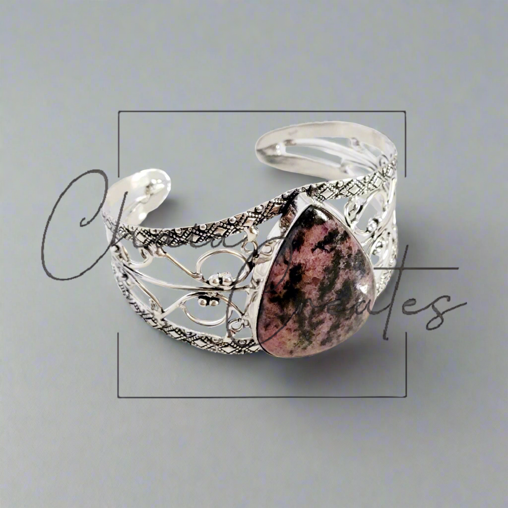 Pink Rhodonite .925 Sterling Silver Cuff Bracelet