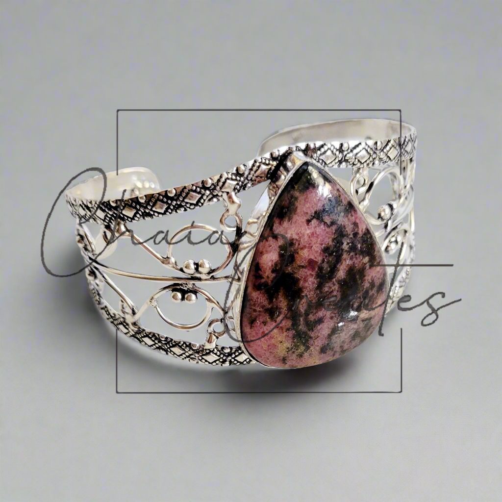 Pink Rhodonite .925 Sterling Silver Cuff Bracelet