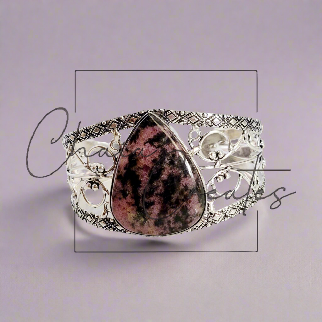 Pink Rhodonite .925 Sterling Silver Cuff Bracelet