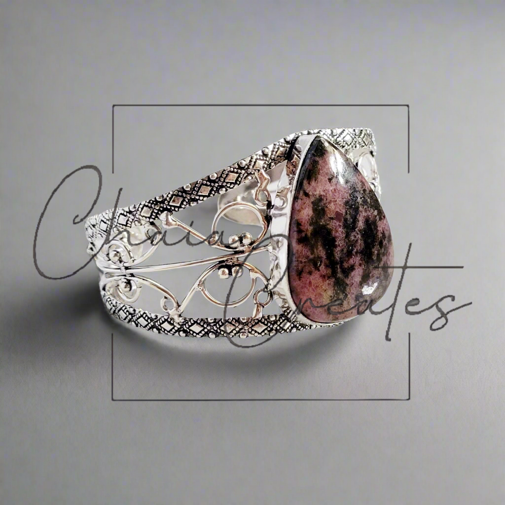 Pink Rhodonite .925 Sterling Silver Cuff Bracelet