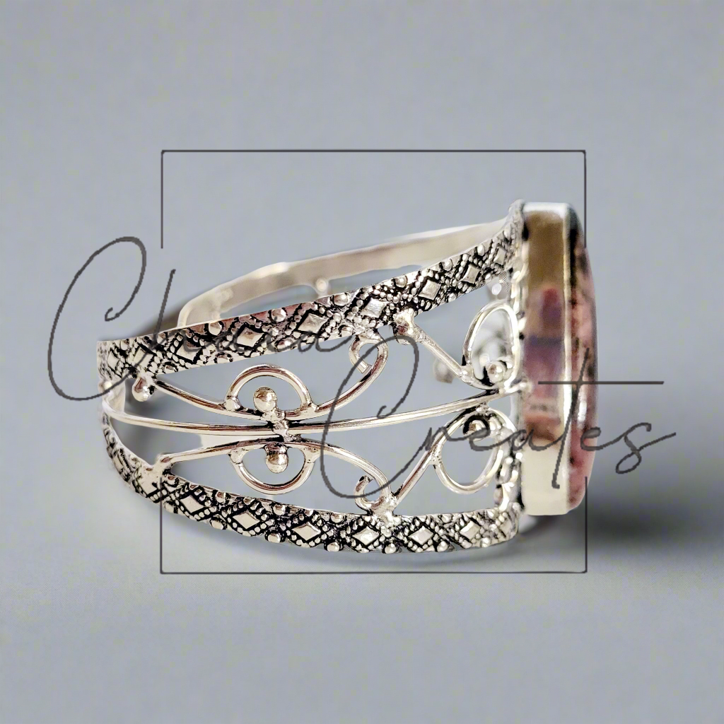 Pink Rhodonite .925 Sterling Silver Cuff Bracelet